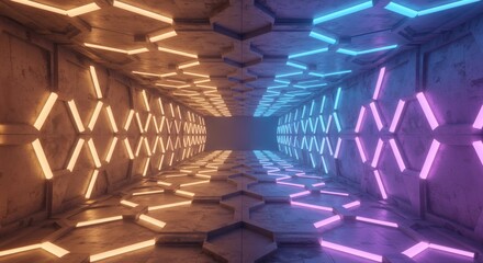 Futuristic Hexagonal Corridor Illuminated with Vibrant Orange and Blue Neon Lights, Sci-Fi Tunnel Design