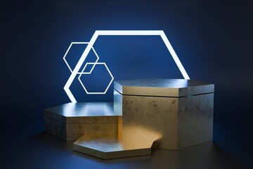 Futuristic Hexagonal Podiums with Luminous Neon Hexagons