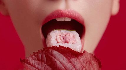 日本人女性が桜餅を食べる瞬間