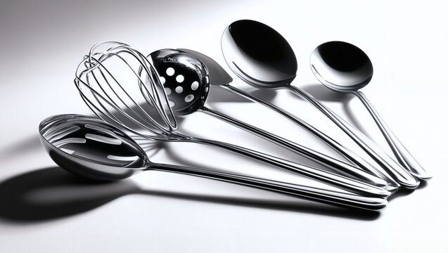 Shiny stainless steel kitchen utensils arranged on white surface including whisk, skimmer, ladle, serving spoon, and tablespoon with soft shadows and reflective highlights