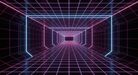 Futuristic neon grid tunnel with glowing geometric lines and a sense of depth and virtual reality perspective