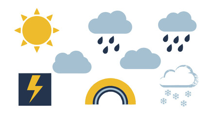 Weather Icons Sun Rain Clouds Lightning Rainbow and Snowflakes.