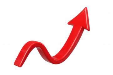 Red wavy arrow pointing upward, signaling positive growth trend against transparent background, ready for design integration
