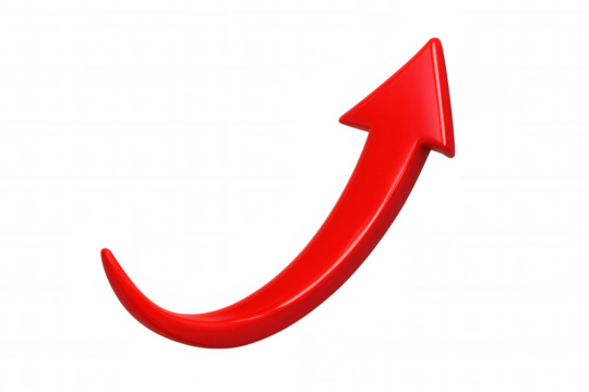 Shiny red arrow pointing upwards on transparent background, representing growth, progress, and positive change