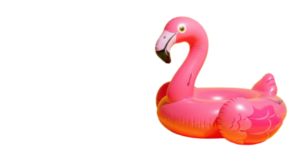 Large pink inflatable flamingo pool float with black beak, prominent eye, glossy PVC texture, on bright yellow background with hard shadow, ample copy space on left, cheerful summer leisure concept