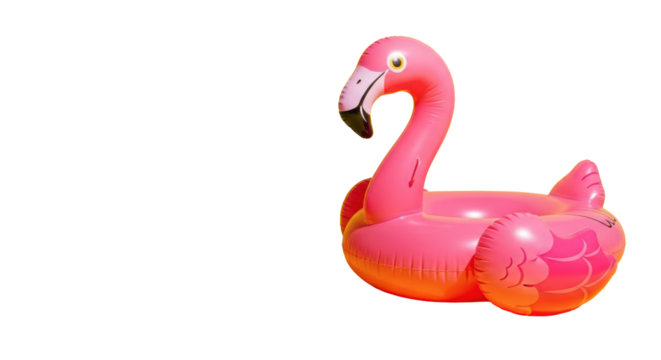 Large pink inflatable flamingo pool float with black beak, prominent eye, glossy PVC texture, on bright yellow background with hard shadow, ample copy space on left, cheerful summer leisure concept