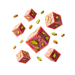 Fototapeta premium Cubes of mortadella with visible pistachios in various rotations, glossy texture highlighted