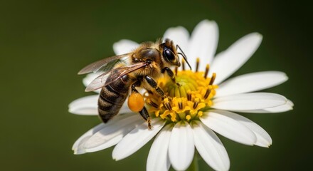 Sunlit Honeybee with a Full Golden Pollen Basket on a Delicate White Daisy