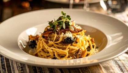 Exquisite pasta dish elegantly presented on a white plate in a restaurant setting