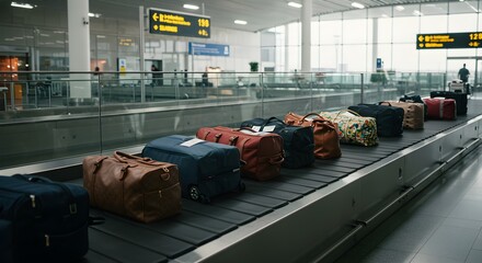 A row of various colorful suitcases and travel bags sits on a conveyor belt at an airport baggage claim area. The modern terminal is spacious with glass walls and overhead flight information displays.