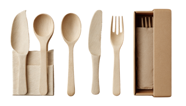 Wooden cutlery set in a cardboard box.  Natural, eco-friendly disposable utensils
