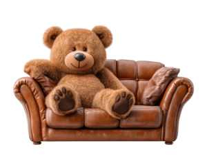 Teddy bear brown plush sitting leather sofa home decor cozy cute living room relaxation cheerful mood soft toy interior