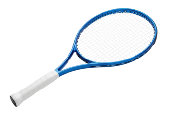 A modern tennis racket with a vibrant shiny blue frame and transparent string mesh and grip, isolated on a seamless transparent background with copy space, Sport equipment concept
