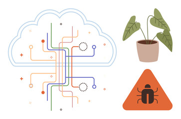 Cloud with circuit lines, bug warning triangle, and potted plant. Ideal for cybersecurity, IoT, technology, sustainability, innovation automation digital threats. A simple flat metaphor