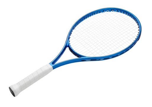 A modern tennis racket with a vibrant shiny blue frame and transparent string mesh and grip, isolated on a seamless transparent background with copy space, Sport equipment concept - Powered by Adobe