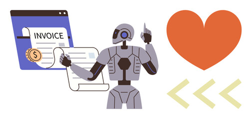 Robot handling invoices with focus on automation, currency, and integration. Represents AI efficiency, finance management, technology, progress. Ideal for innovation, fintech automation AI