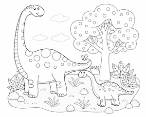Cute cartoon dinosaurs in a prehistoric landscape with a tree and clouds