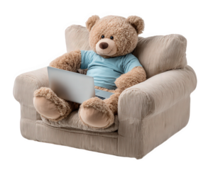 Teddy bear sofa laptop blue shirt modern lifestyle plush technology relaxation home decor. plush teddy bear blue shirt sits comfortably beige sofa with laptop creating cozy and modern lifestyle