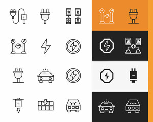 Electric vehicle charging and power icons collection