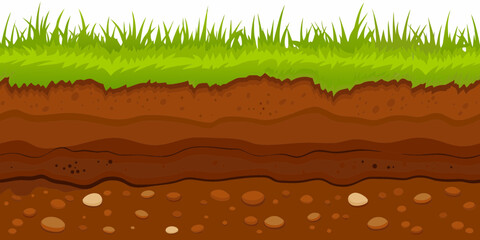 Cross section of green grass and layered soil with rocks