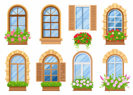 Collection of charming arched windows with flower boxes and shutters