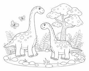 Cute cartoon dinosaurs and butterflies in a prehistoric landscape with trees and plants