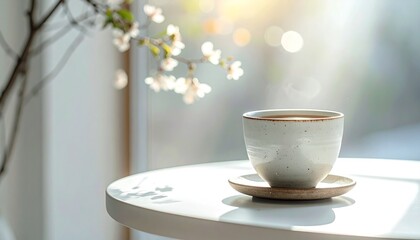 Fototapeta premium 和の美学：光と影、そして花に包まれた陶器Generated image