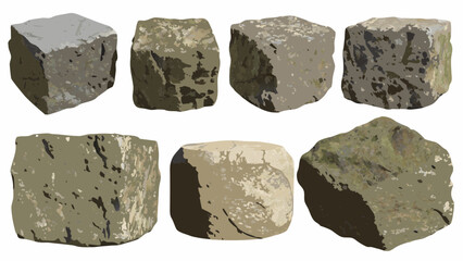 Collection of seven rough textured stone blocks isolated on white background © Indira