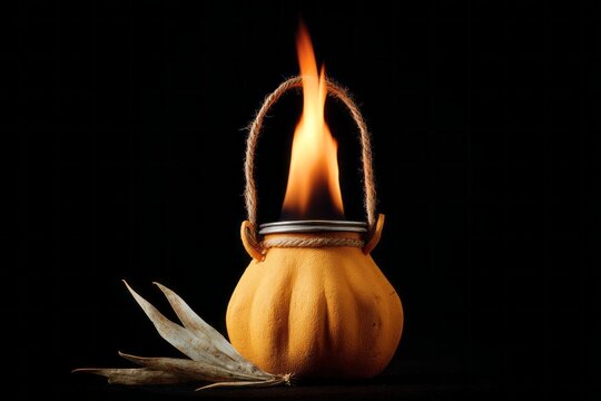 A pumpkin lantern with a candle inside is lit
