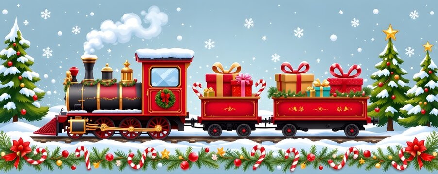 christmas train border with gifts and candy canes, sticker style