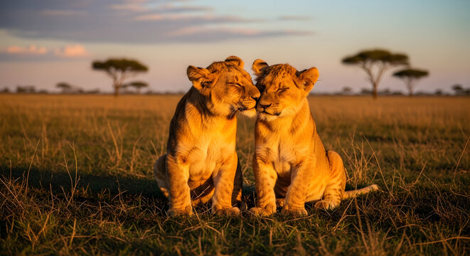 A tender moment of two lion cubs nuzzling each other on a savannah plain, photographed with warm golden-hour lighting. - Powered by Adobe