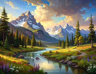 A picturesque mountain valley scene with a flowing river, vibrant wildflowers, and towering peaks under a serene sky.