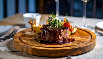 Gourmet dish of steak with vegetables and garnish, elegantly presented on a wooden board