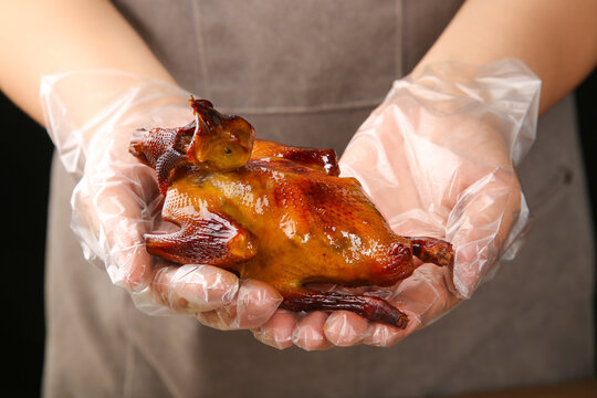 Cantonese Braised Pigeon - Traditional Chinese Roasted Bird Delicacy Held in Gloved Hands