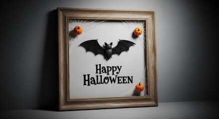 Happy Halloween greeting with bat, pumpkins, and spooky spiderwebs on display