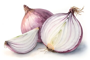 Watercolor painting of red onions whole halved and sliced on white vegetable food