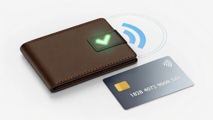 wallet integration success finance transaction Digital wallet with contactless card and a checkmark symbol.