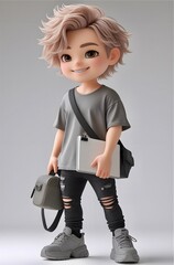 Naklejka premium A cartoon-style 3D character with tousled light brown hair and a cheerful expression stands against a simple background.