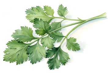 Fototapeta premium Fresh Cilantro Herb Sprigs with Delicate Leaves on White Background green