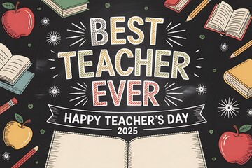 Happy teachers day chalkboard design with apples books pencils and celebratory message