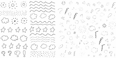 Collection of hand drawn doodle elements including suns clouds stars waves question marks and exclamation points
