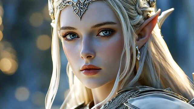 A beautiful and ethereal fantasy elf with long platinum blonde hair, piercing blue eyes, and intricate silver armor gazes with a serene expression.