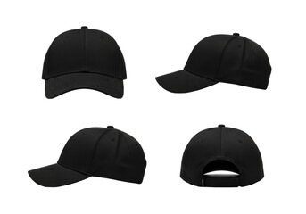 Four identical plain black unbranded baseball caps, matte cotton twill, shown from front, three-quarter, side, and back on a transparent background, subtle shadows. Product display concept for
