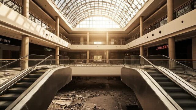 Abandoned shopping mall in disrepair, showcasing signs of neglect and urban decay,A derelict retail space with escalators, shattered glass, and an eerie atmosphere