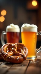 Glass of beer and frothy mug with soft pretzel, ideal for Oktoberfest holiday