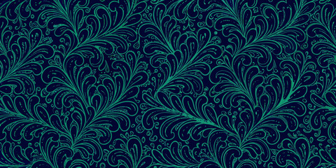 Elegant teal and navy blue floral swirl pattern seamless background