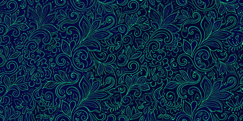 Elegant dark blue background with intricate green floral vine patterns and swirling flourishes