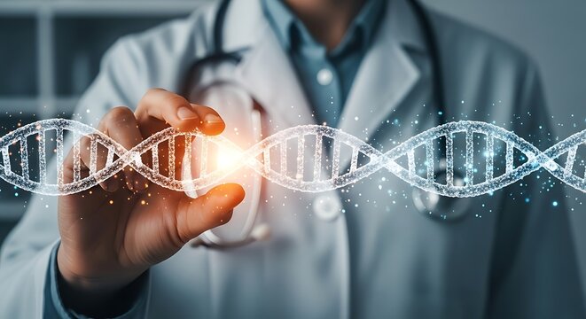 Medical professional examines digital dna helix suggesting genetic research and biotechnology innovation - Powered by Adobe