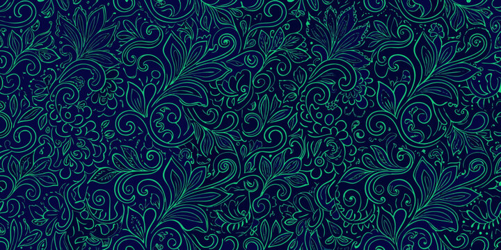 Elegant dark blue background with intricate green floral vine patterns and swirling flourishes