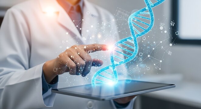 Scientist uses digital tablet to interact with holographic dna strand in a modern lab